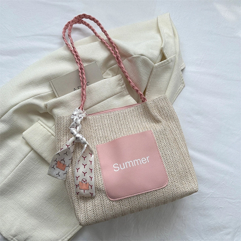 Women's Medium Straw Letter Color Block Vacation Beach Zipper Tote Bag