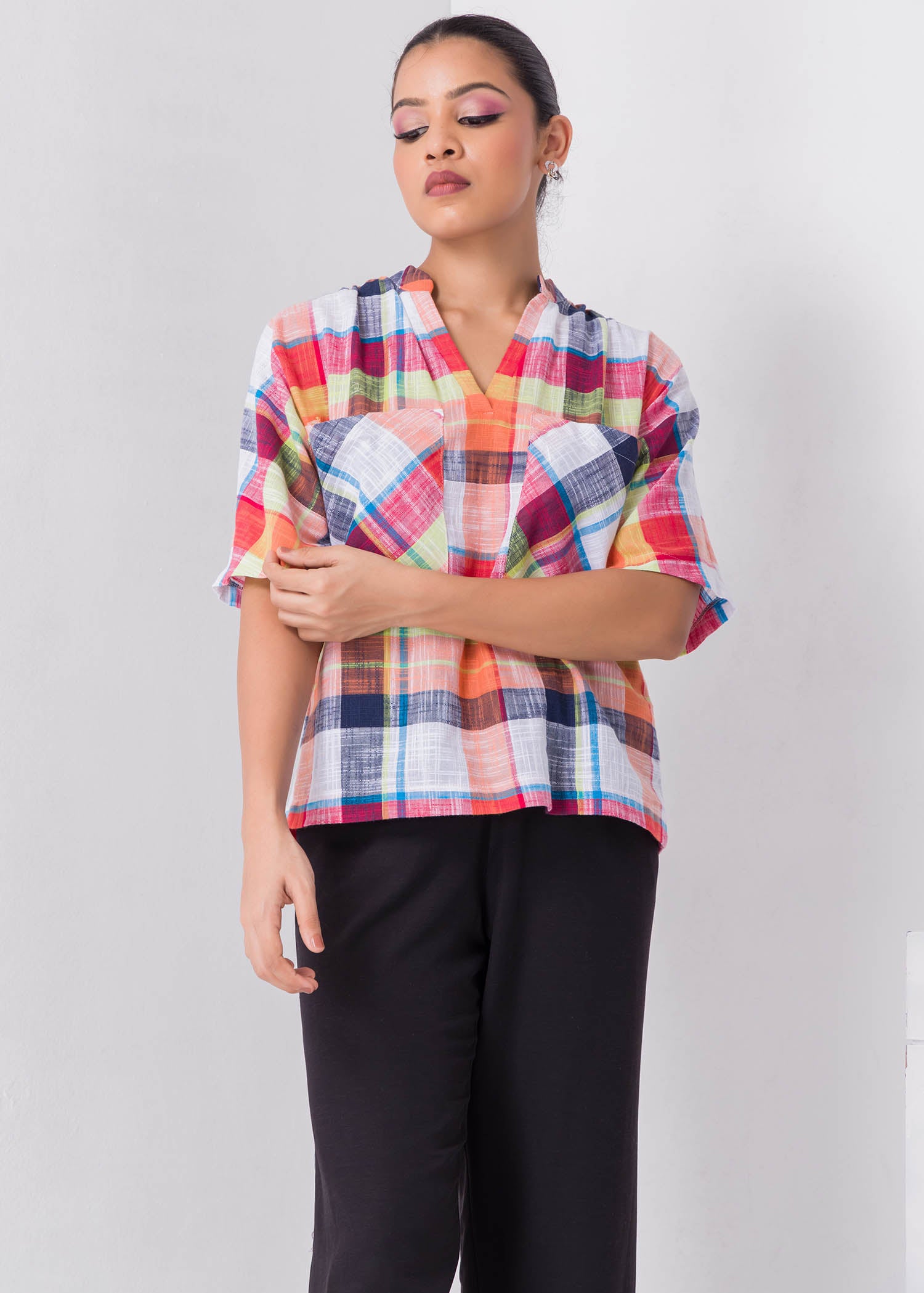 Check Blouse With Large Front Pockets