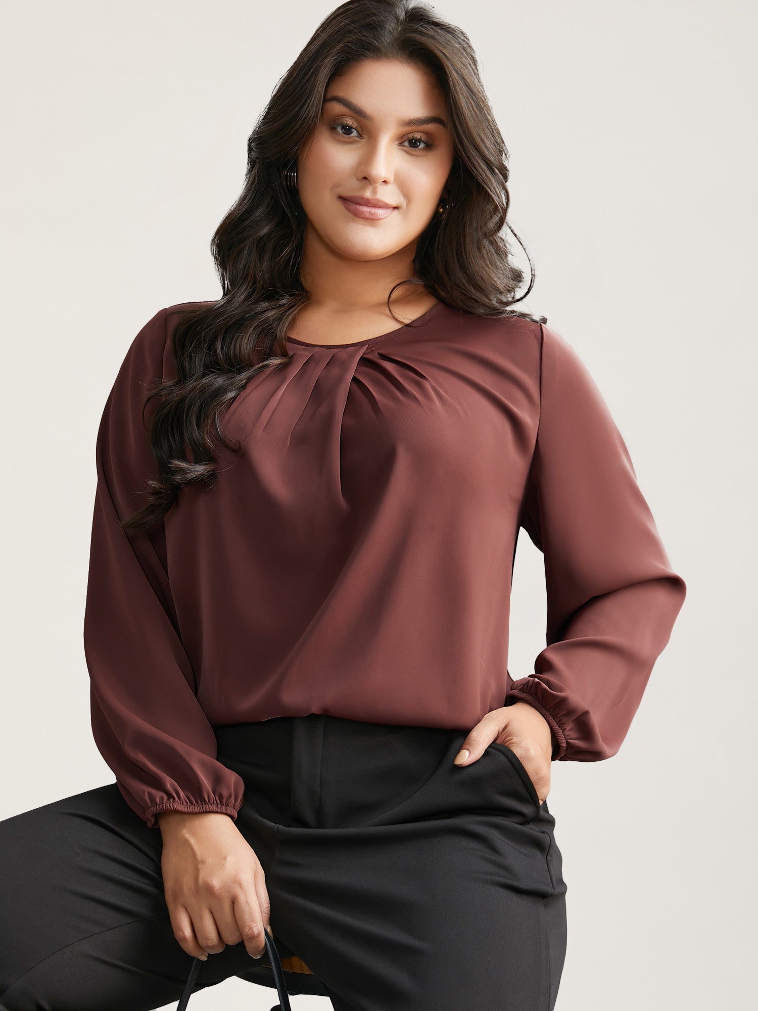 Solid Crew Neck Lantern Sleeve Blouse
