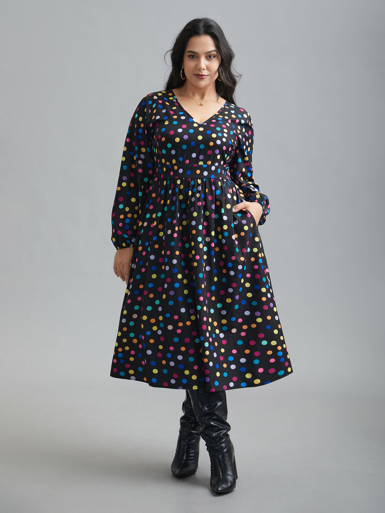 Multi-Color Polka Dot Stretchy-Waist Dress