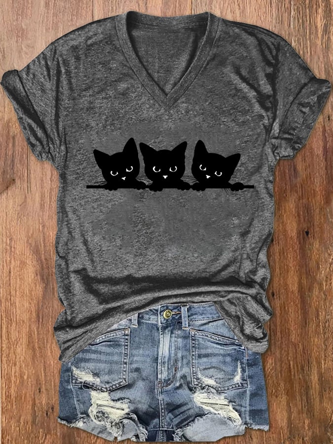 Women's Black Cat Print V-Neck T-Shirt