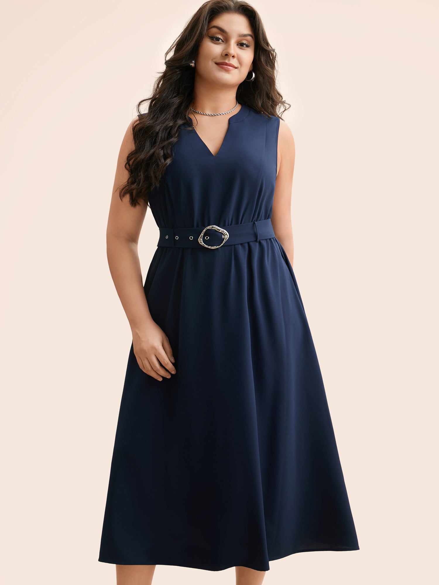 Notched Collar Belted Tank Dress