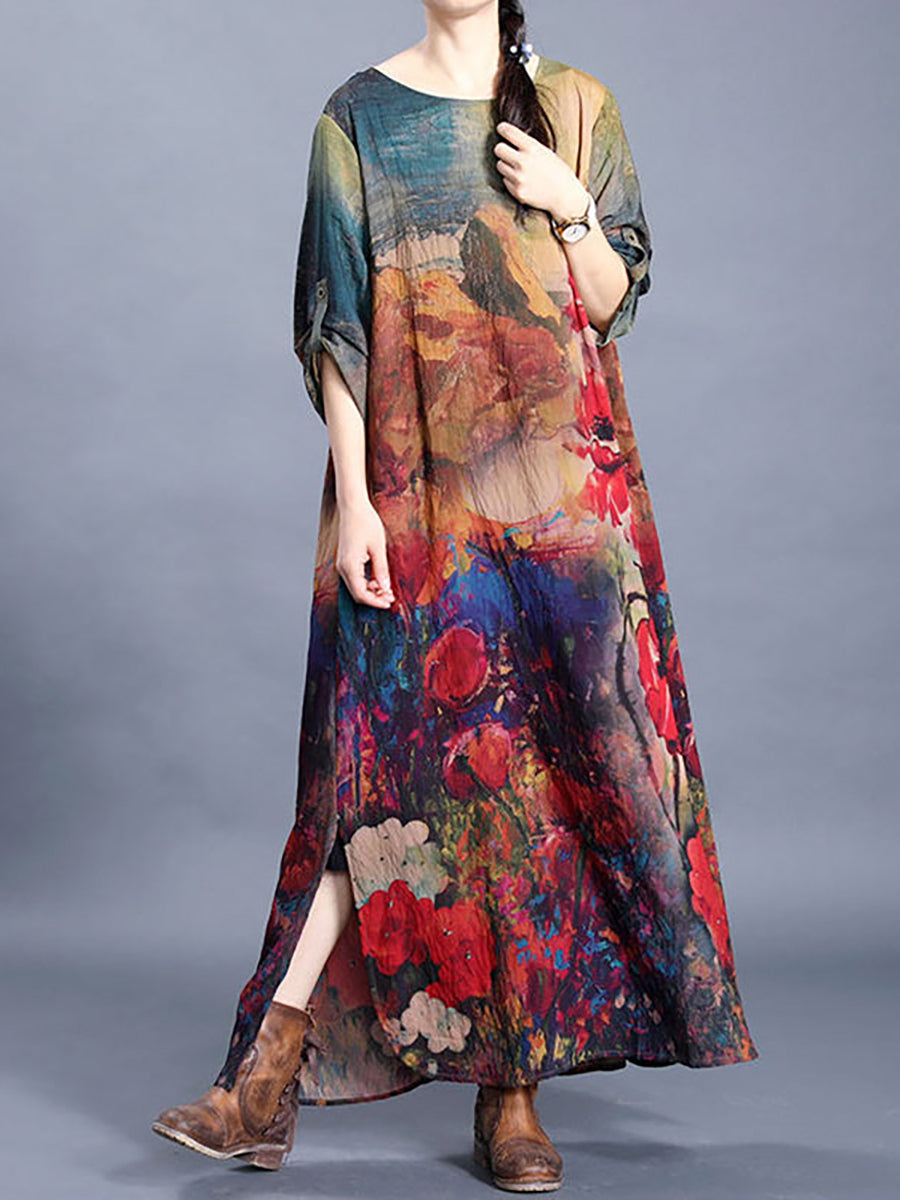 Plus Size Flower Printed Retro Split Hem Dress
