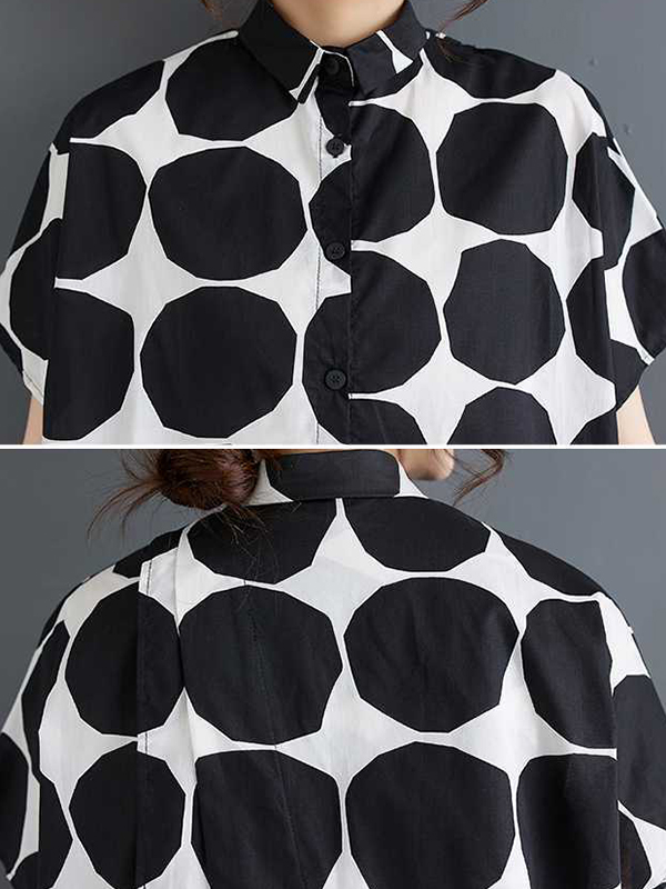 Loose Short Sleeves Buttoned Polka-Dot Lapel Blouse Tops Skirts Bottoms Two Pieces Set