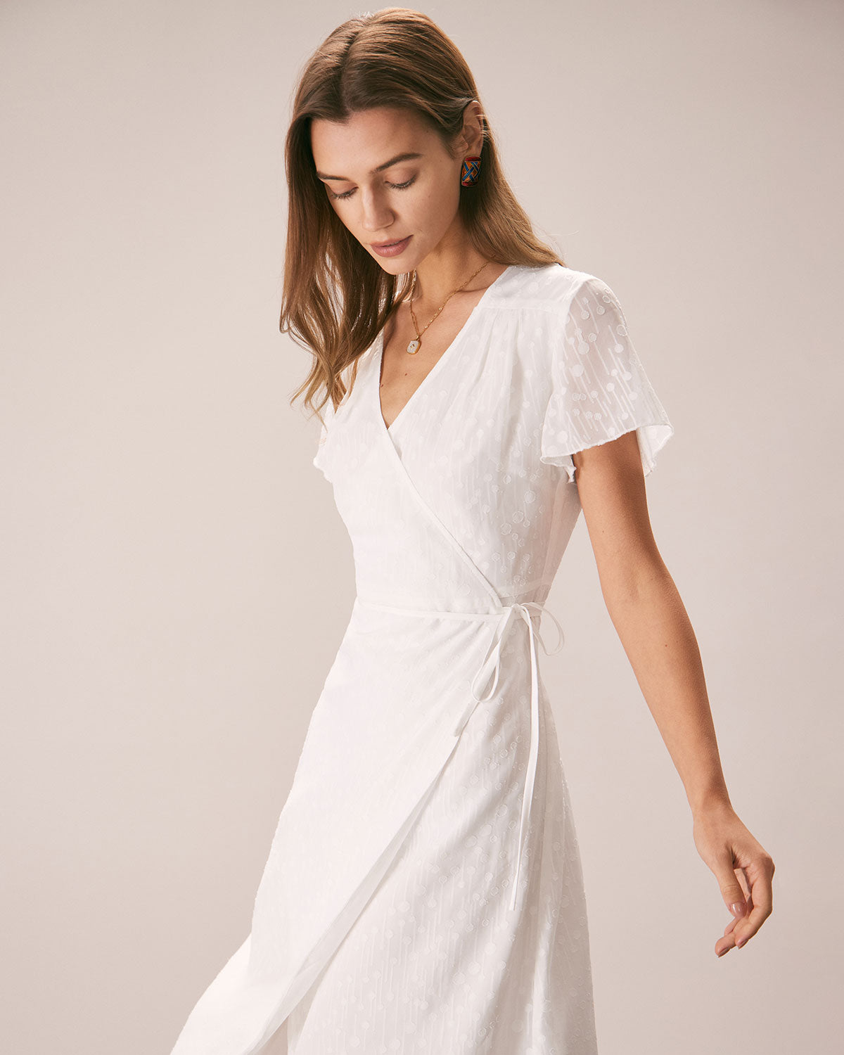 The White V Neck Dobby Mesh Midi Dress