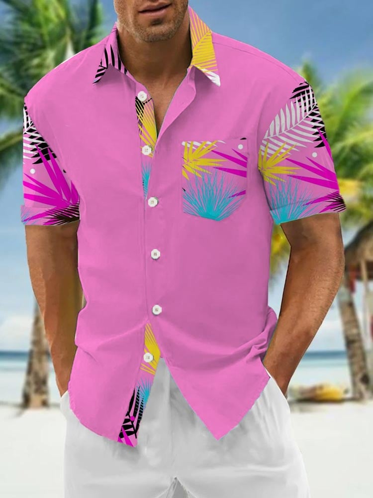 Pink Vacation Hawaiian Print Short Sleeve Pocket Shirt