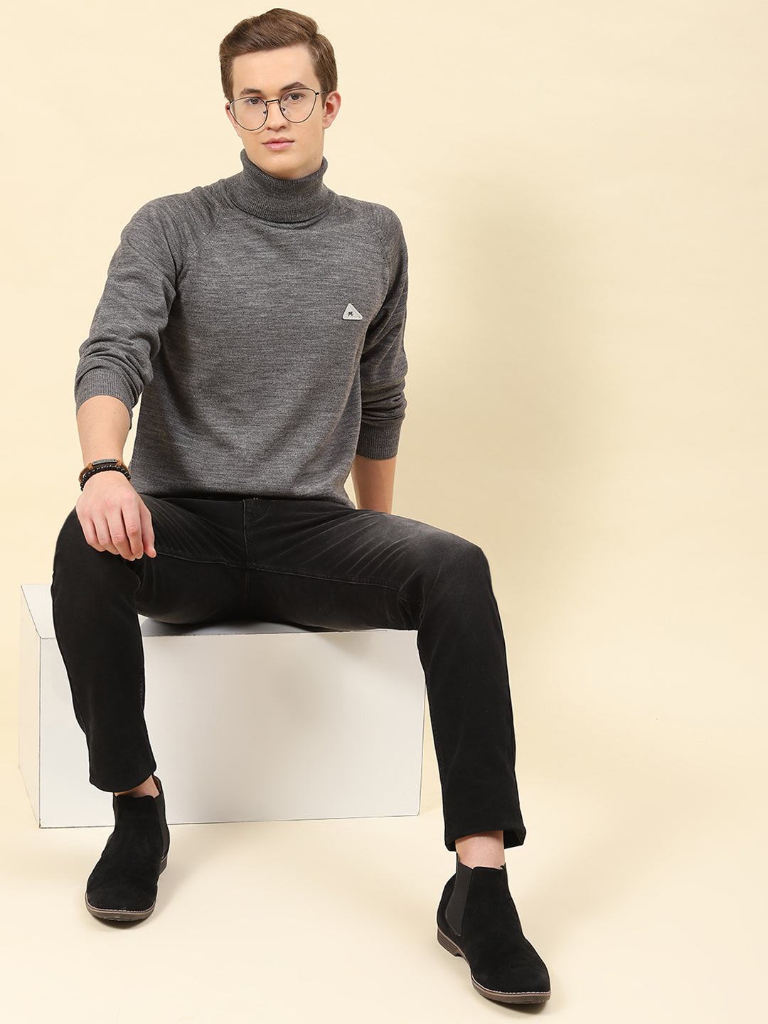 Men Grey Solid Turtle Neck Full Sleeve Pullover