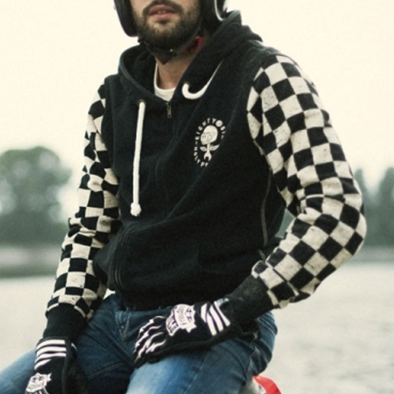 Retro Motorcycle Cotton Checkerboard Long Sleeve Hooded Zipped Jacket