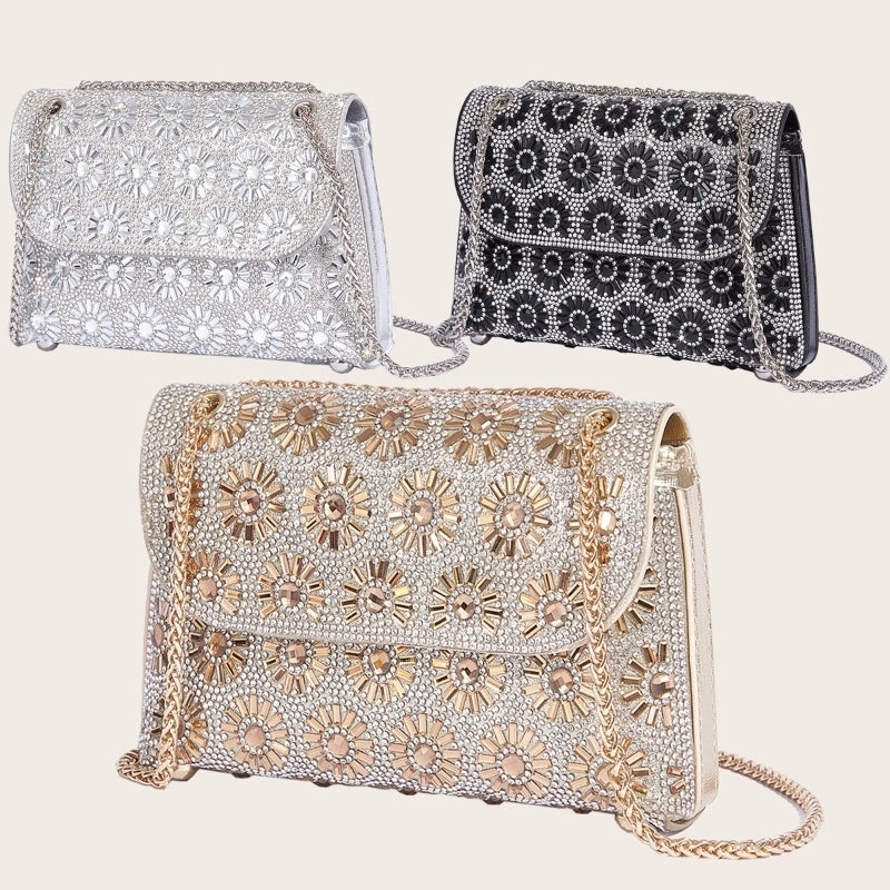 Silver Gold Black Pu Leather Flower Square Evening Bags