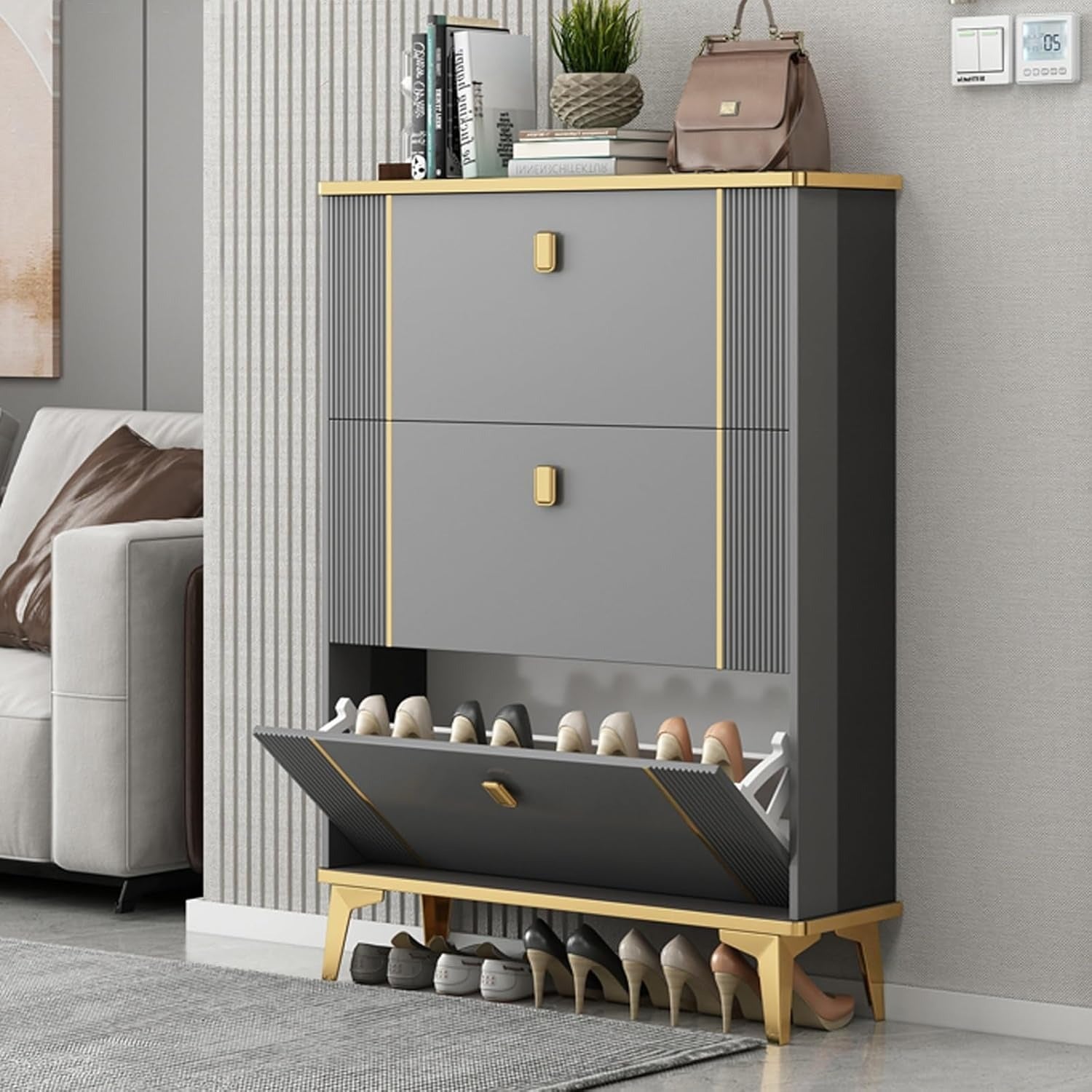 Tipping Shoe Cabinet. Shoe Rack Storage Cabinet For Entryway. With 3 Flip Drawers. Free Standing Shoe Rack
