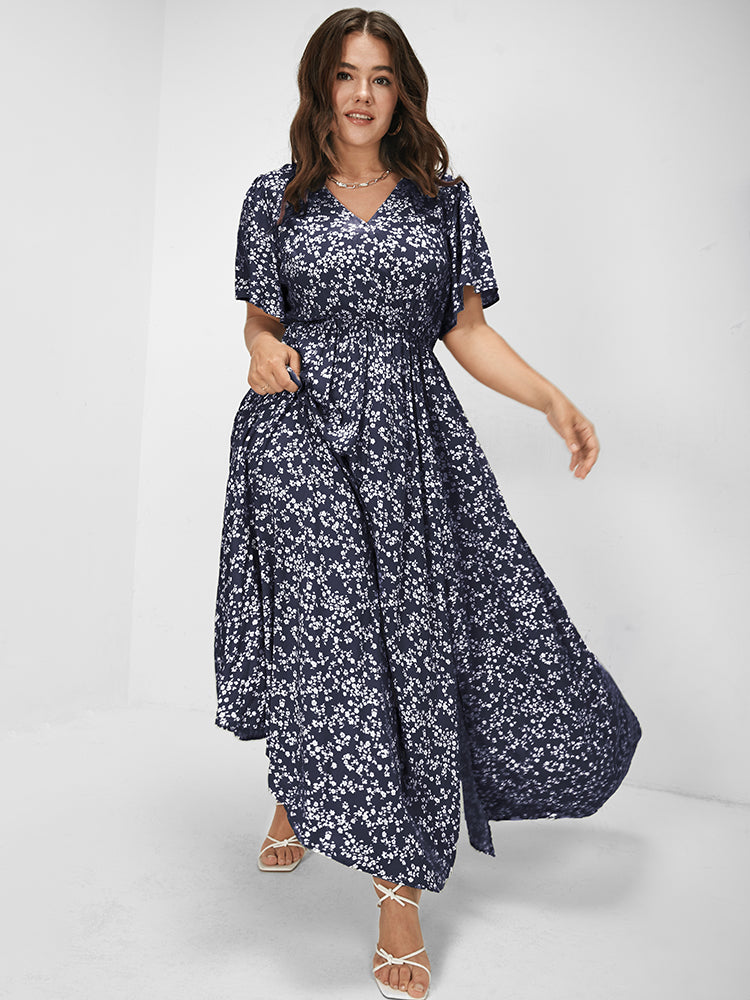 Bloom Dress - Flutter Sleeve Ditsy Floral Bag Split Maxi Dress