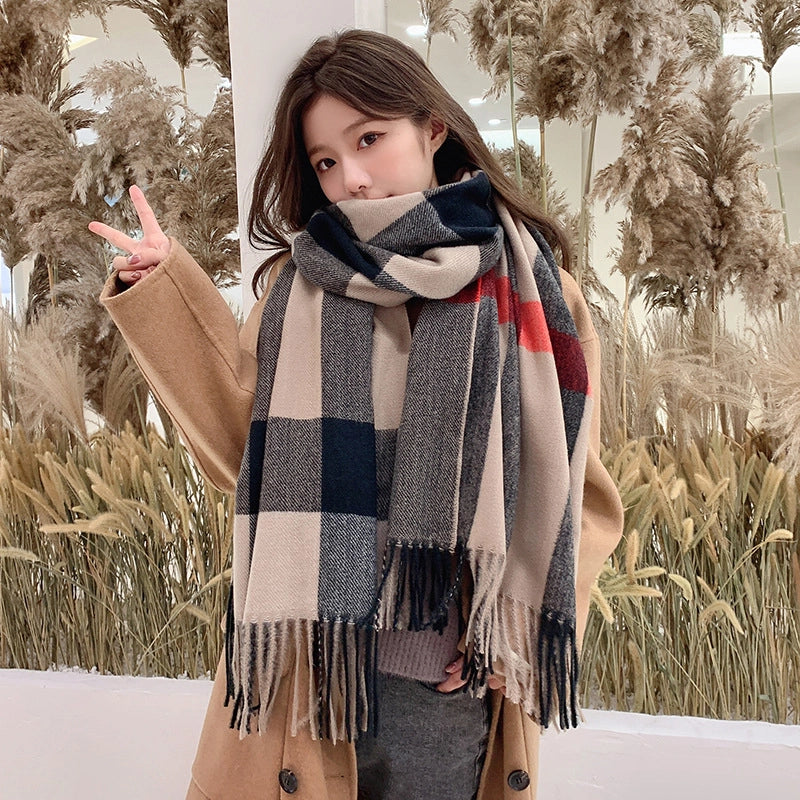 Scarf Women's Winter New Plaid Printed Tassel Imitation Cashmere Scarf Fashionable Mid-length Warm Shawl Scarf