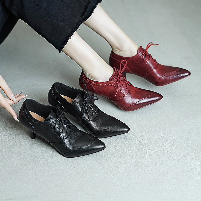Vintage British Style Pointed Toe Lace-Up 65mm Kitten Heel Oxfords Black/Red