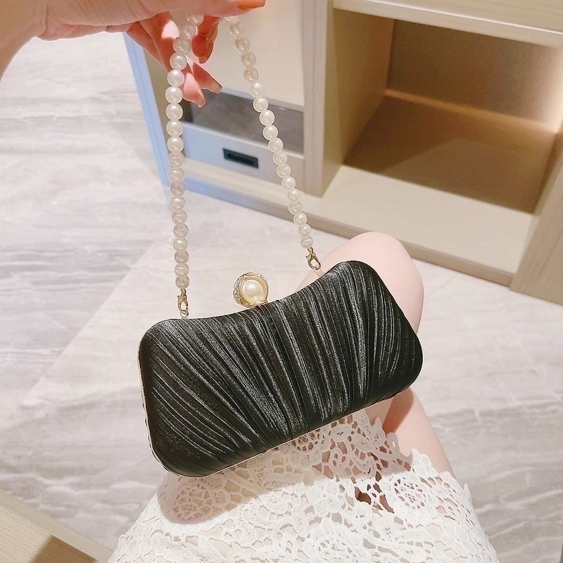 Women's Silk Solid Color Classic Style Streetwear Rhinestone Pearls Square Lock Clasp Crossbody Bag