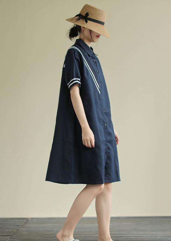 Women lapel Button Down linen summer Robes design navy striped Dresses