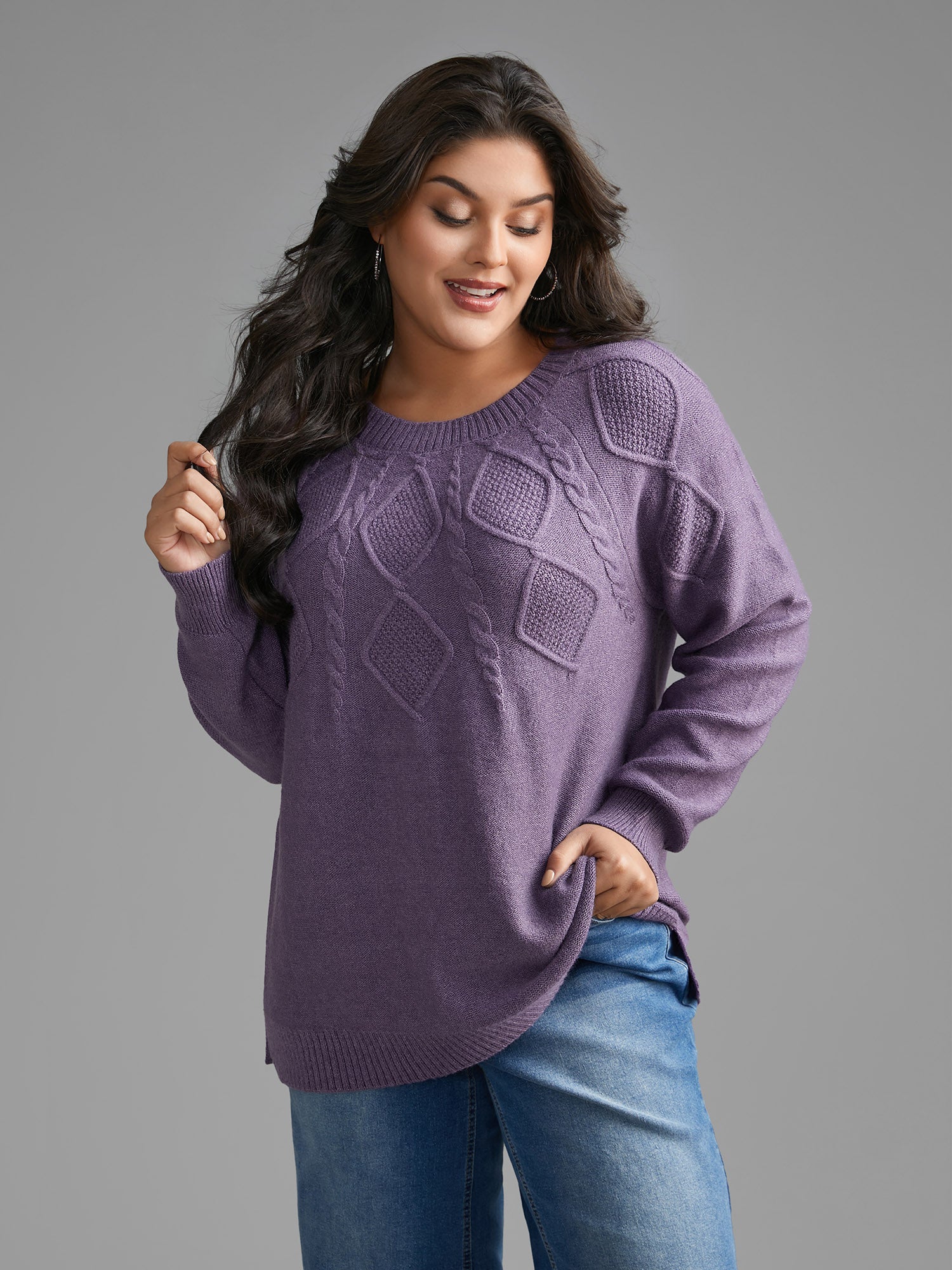 Cable Knit Bodice Crew-Neck Pullover