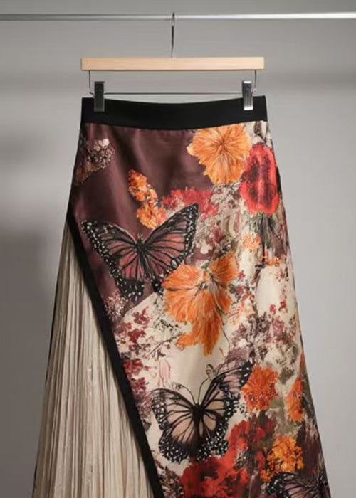 Chinese Style Asymmetrical Print Wrinkled Patchwork Skirts Summer