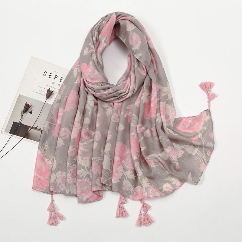 Women'S Sweet Flower Cotton And Linen Tassel Scarf