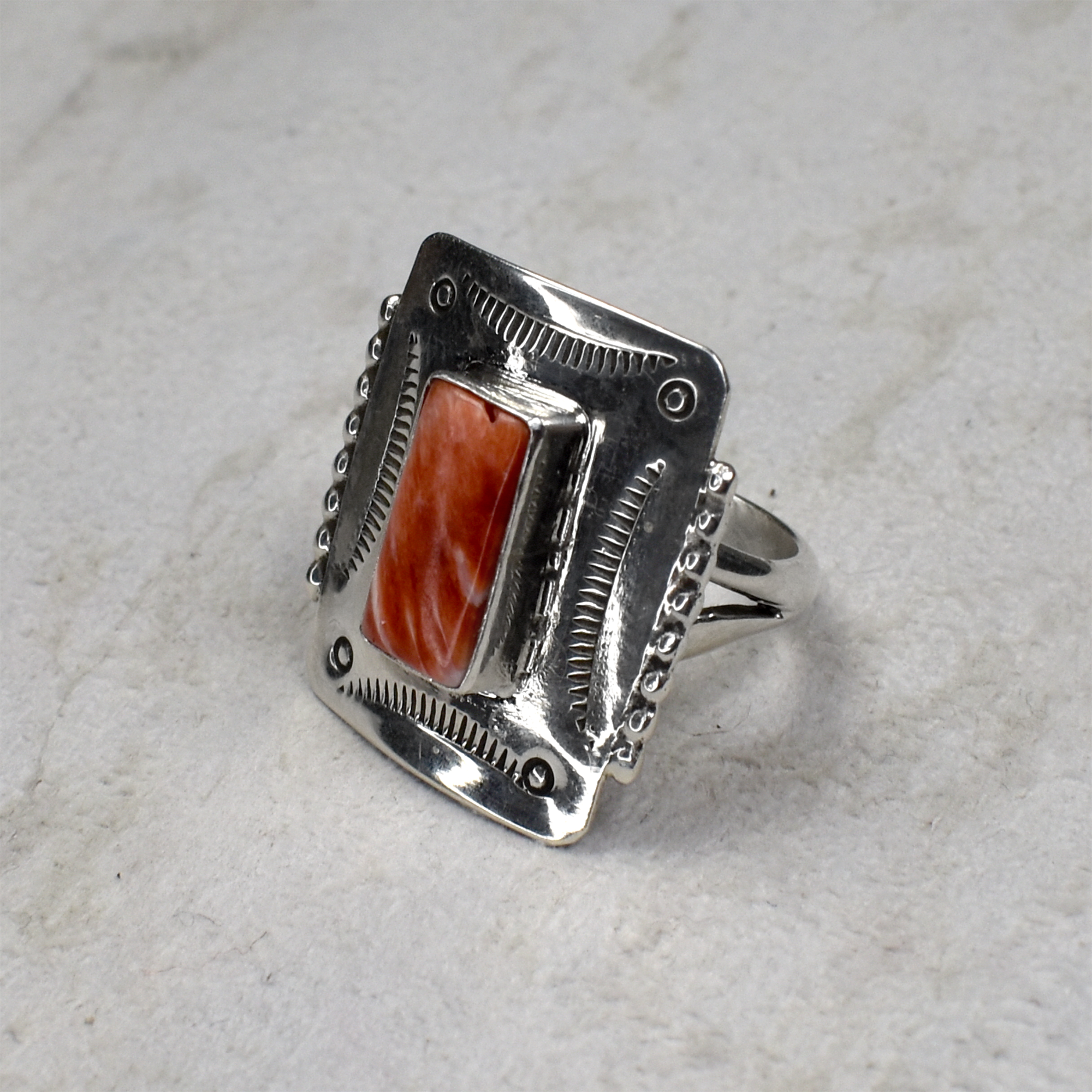 Stamped Rectangular Spiny Oyster Shield Ring