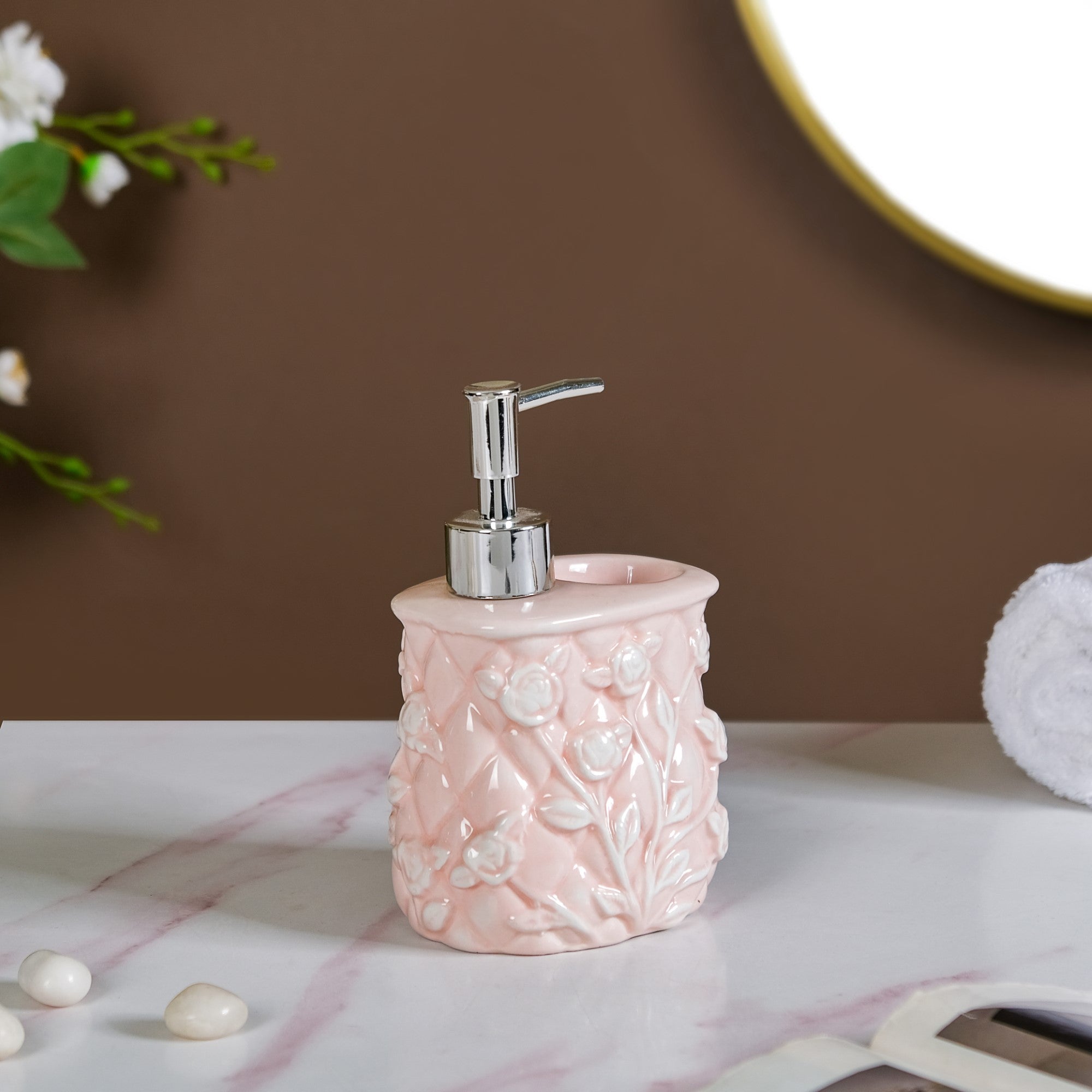 Soft Girl Vintage Floral Ceramic Dispenser With Holder Pink