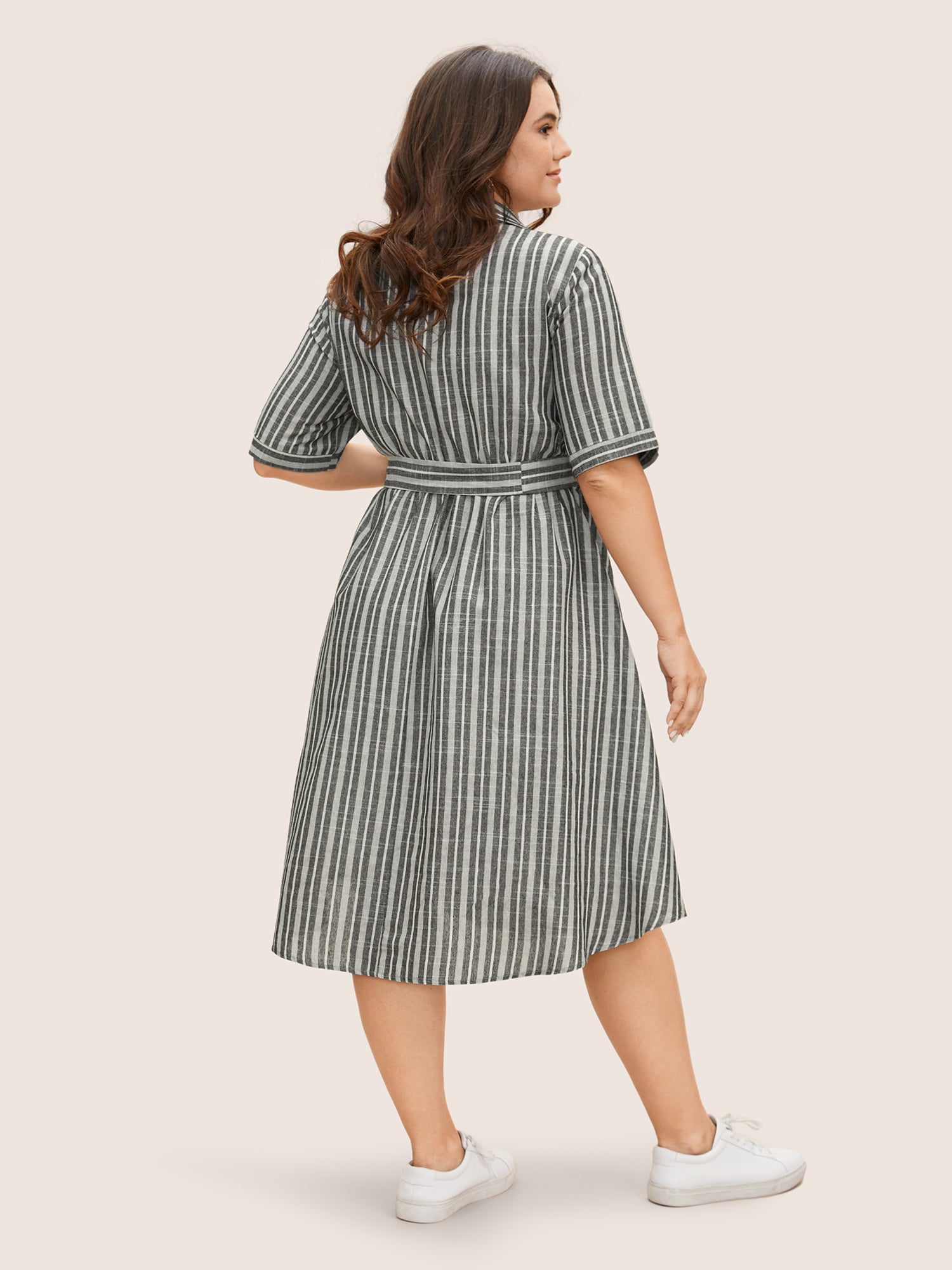 Shirt Collar Striped Button Up Belted Dress