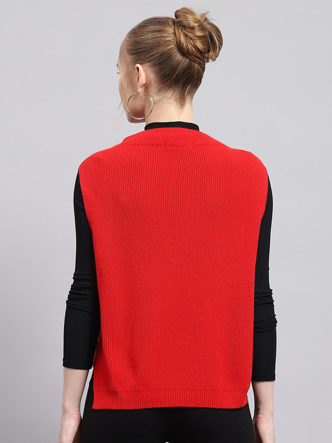 Women Red Self Design Round Neck Sleeveless Winter Tops