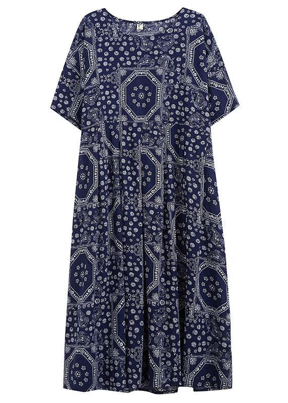 Navy Exra Large Hem Print Dresses Cotton Linen Summer