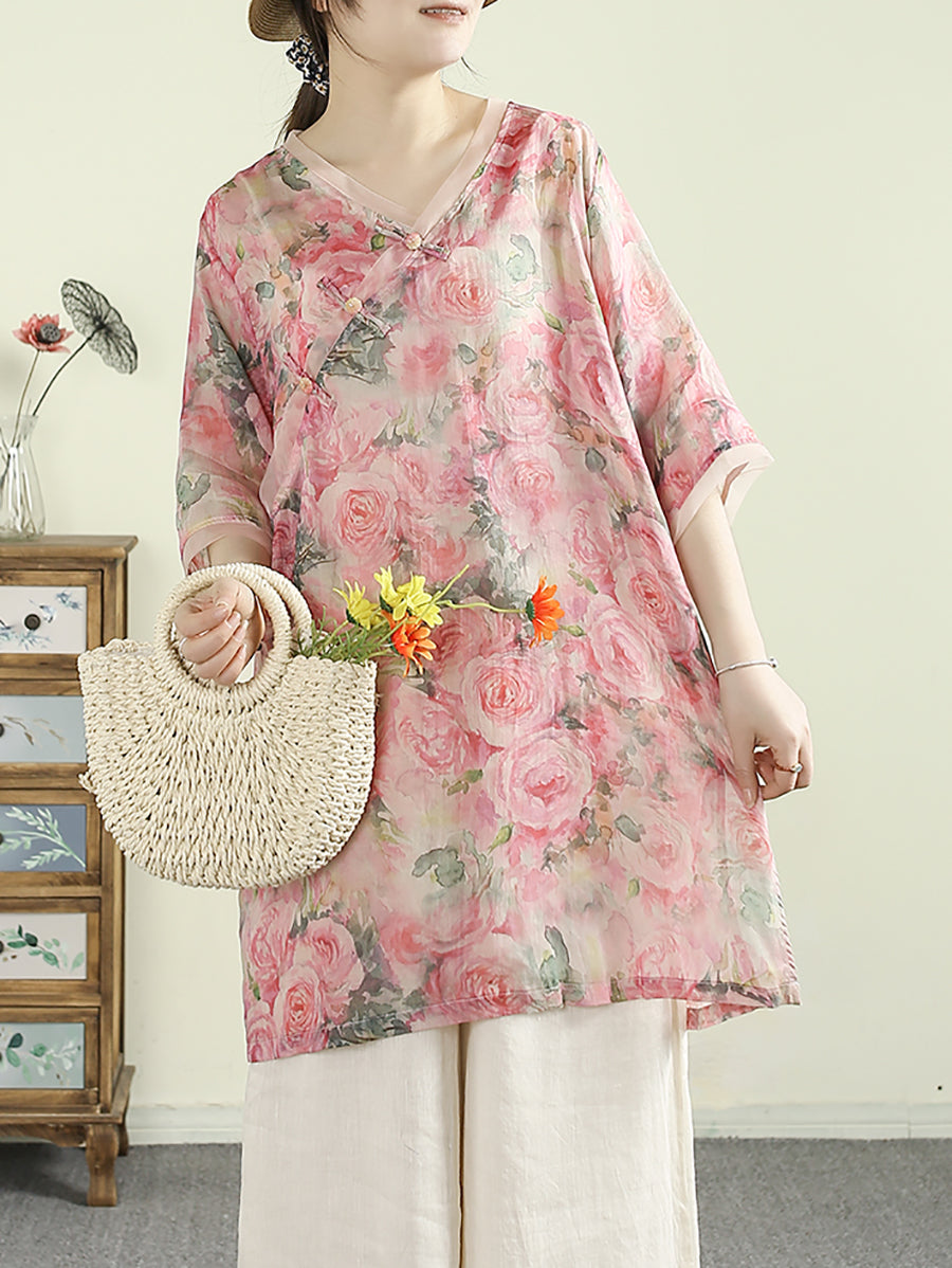 Women Summer Ethnic V-Neck Flower 100%Ramie Shirt
