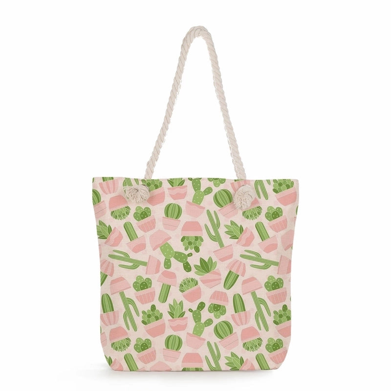 Women's Medium Linen Cactus Vacation Classic Style Square Zipper Tote Bag Beach Bag