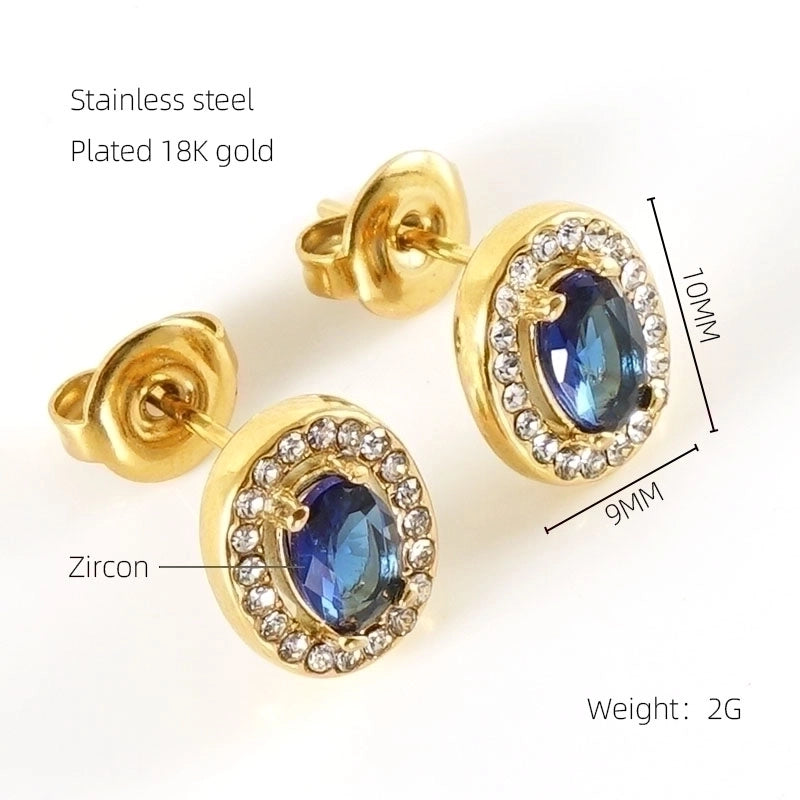 1 Pair Shiny Oval Inlay Stainless Steel Zircon 18K Gold Plated Ear Studs