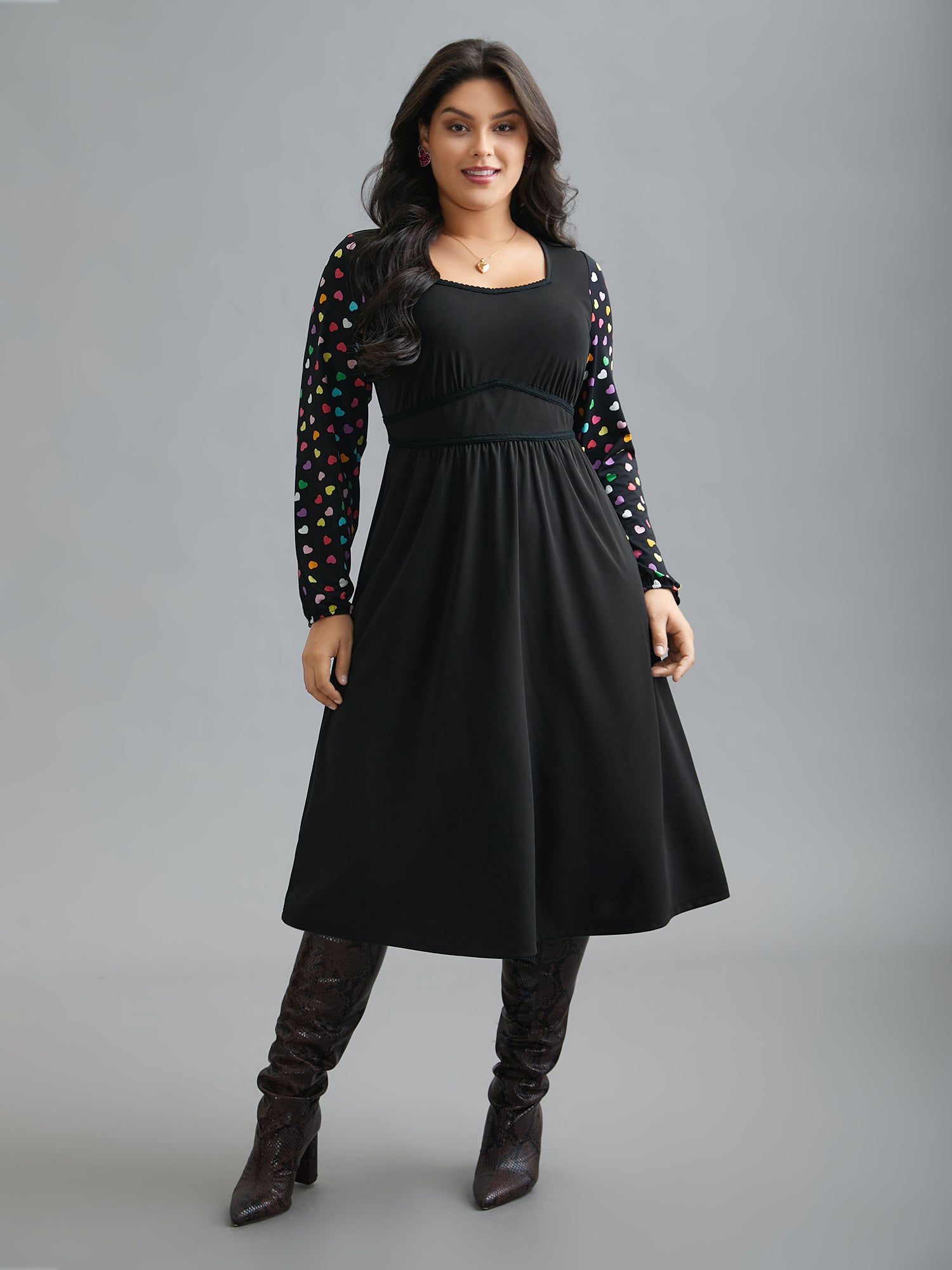 Polka Dot Sleeve Waist-Cinched Lace Dress