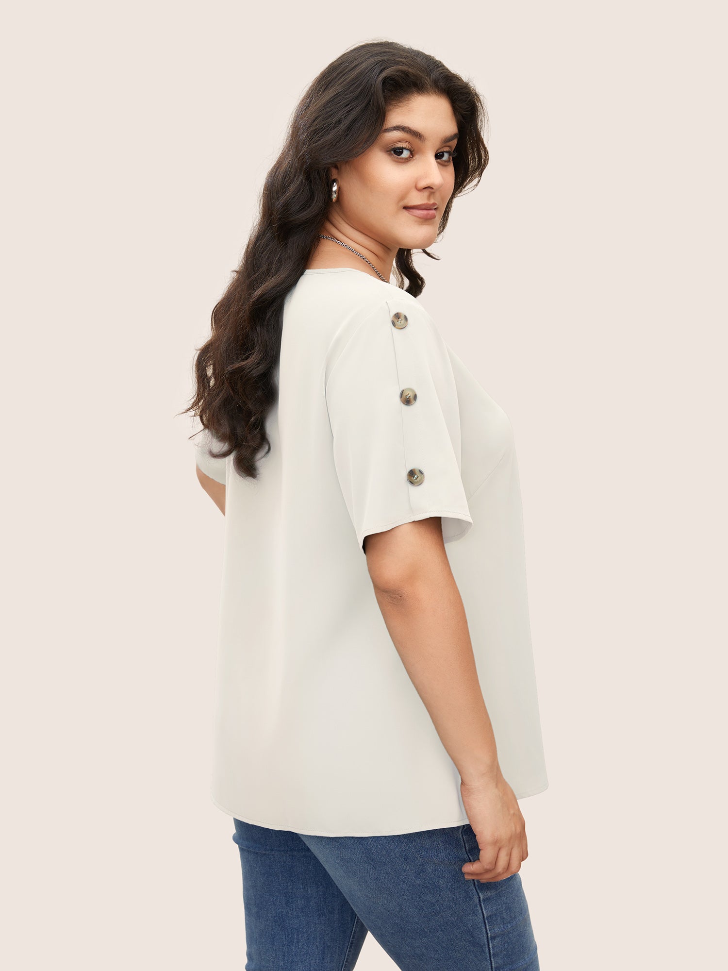 Plain Round Neck Button Detail Blouse