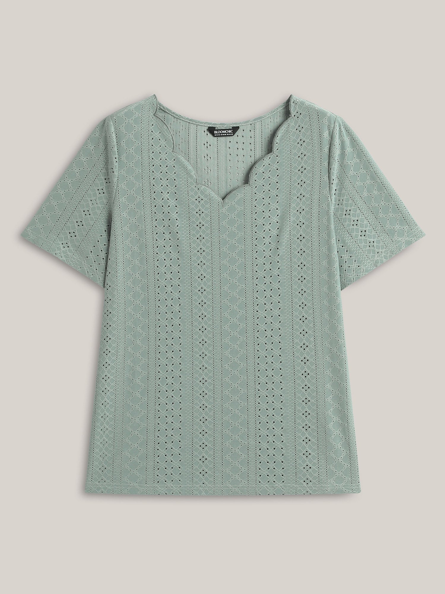 Eyelet Trim Scalloped Neck Stretchy T-Shirt
