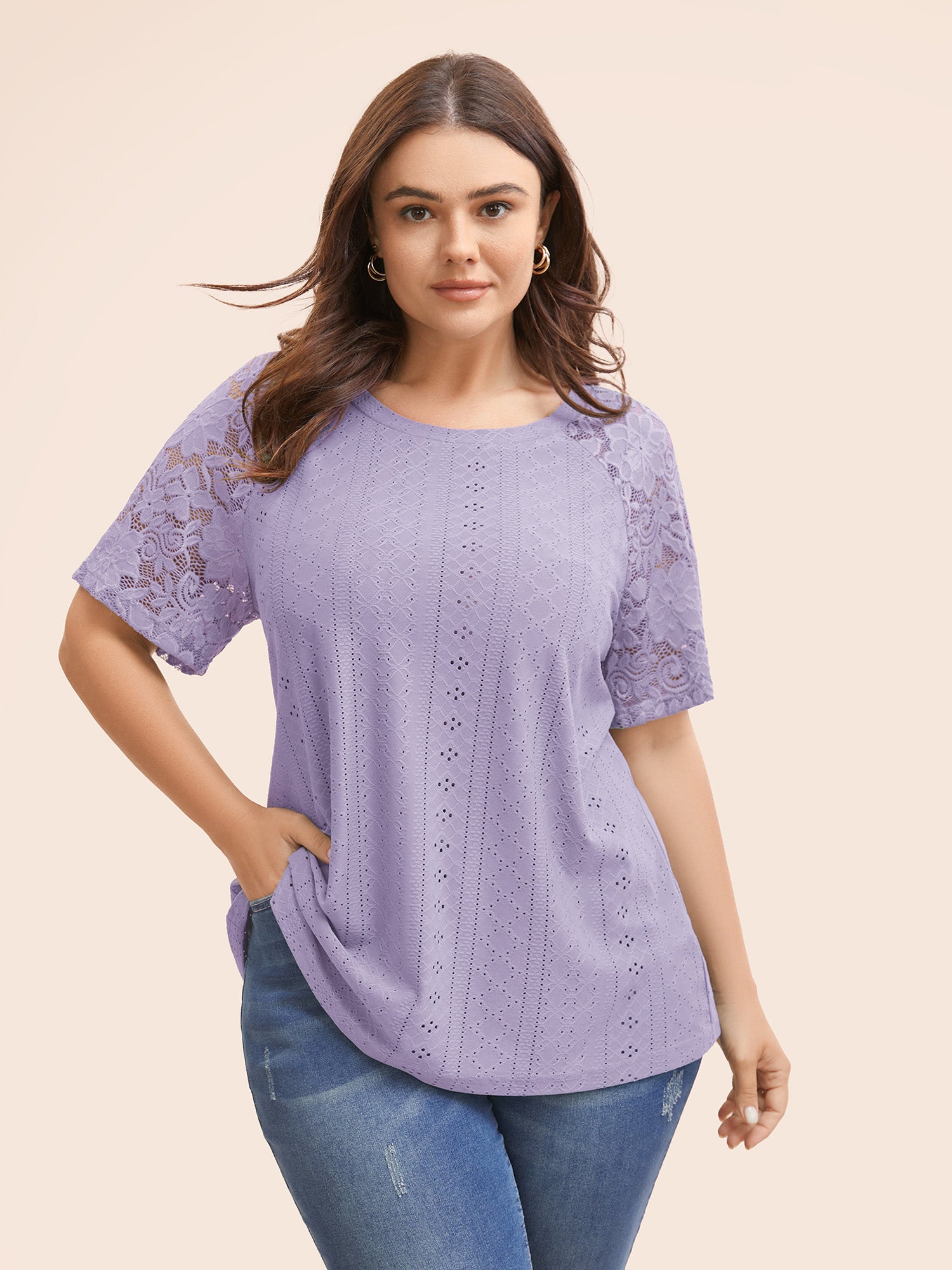 Solid Broderie Anglaise Lace Raglan Sleeve T-shirt