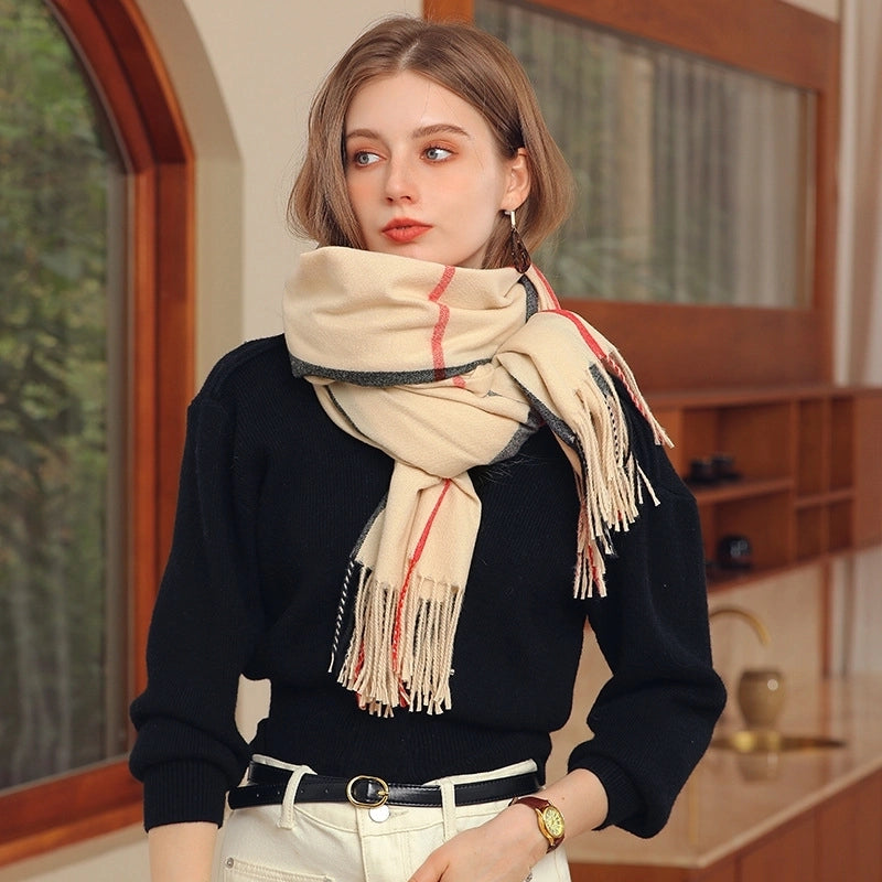 Unisex Streetwear Lattice Imitation Cashmere Tassel Winter Scarves