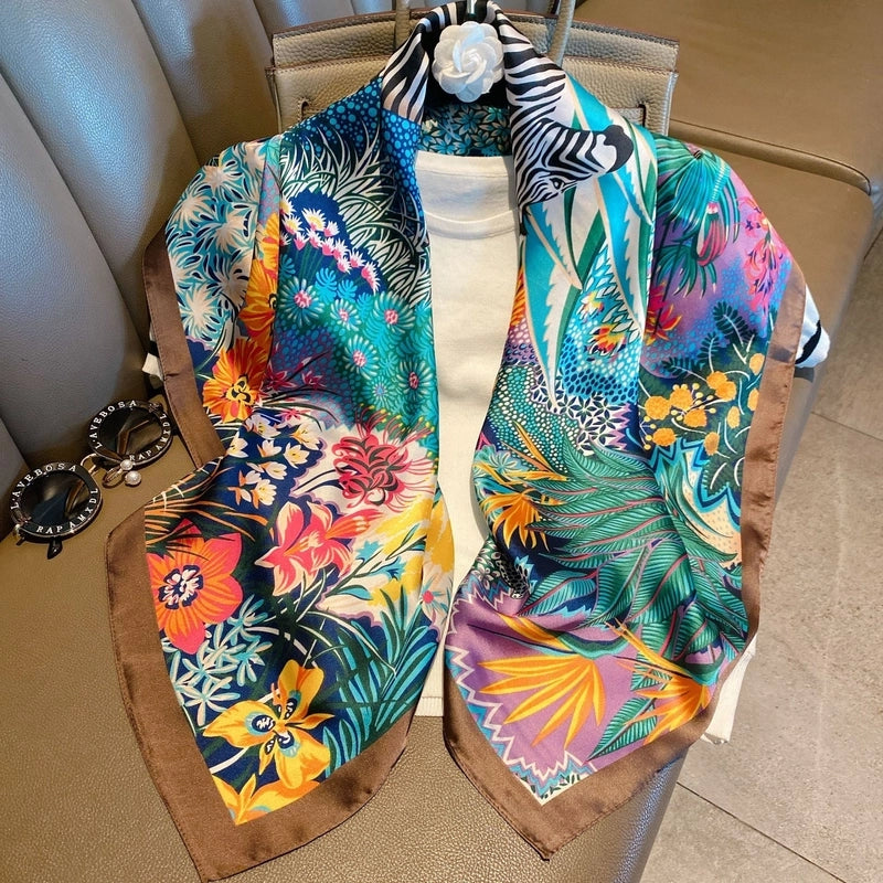 Women's IG Style Elegant Stripe Flower Chains Print Satin Printing Silk Scarf