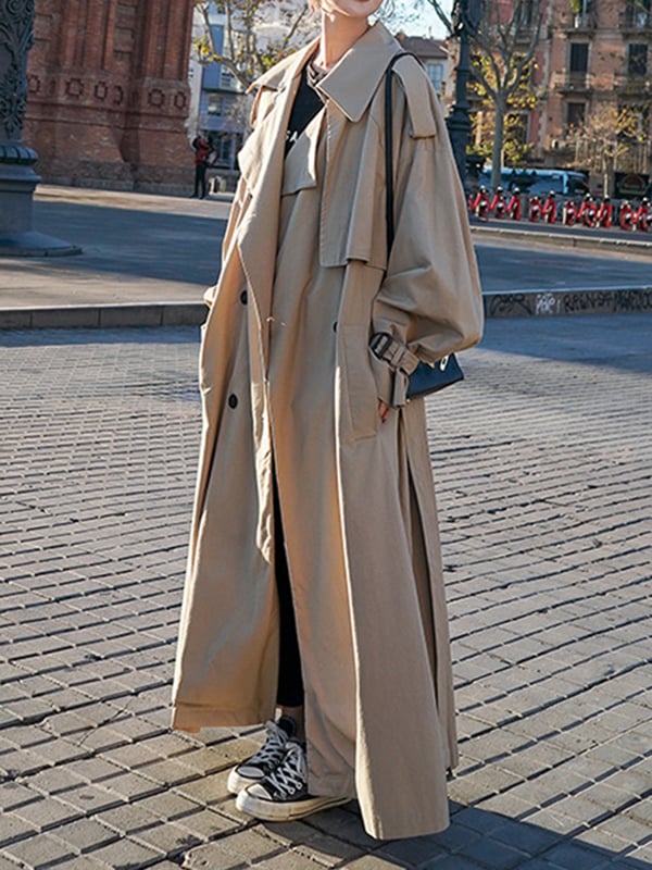 Long Sleeves Loose Buckle Buttoned Split-Back Tied Waist Lapel Outerwear Trench Coats