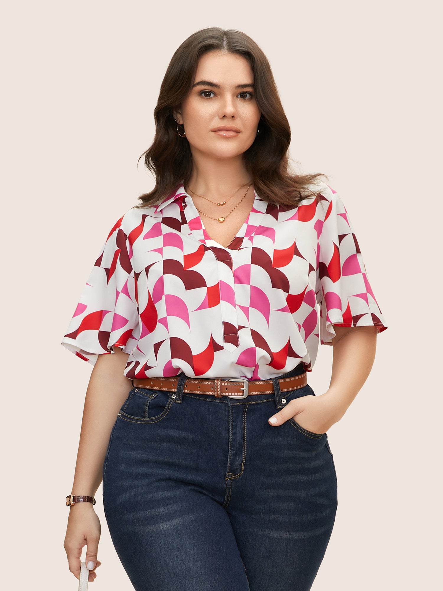 Contrast Geometric Shirt Collar Flutter Sleeve Blouse