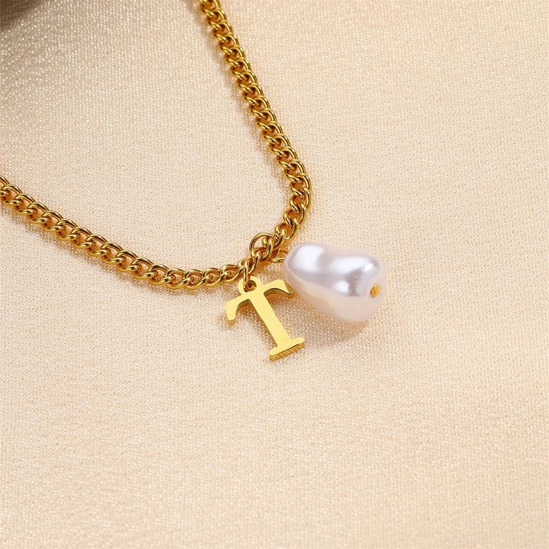 304 Stainless Steel Titanium Steel IG Style Minimalist Pearl Letter Pendant Necklace