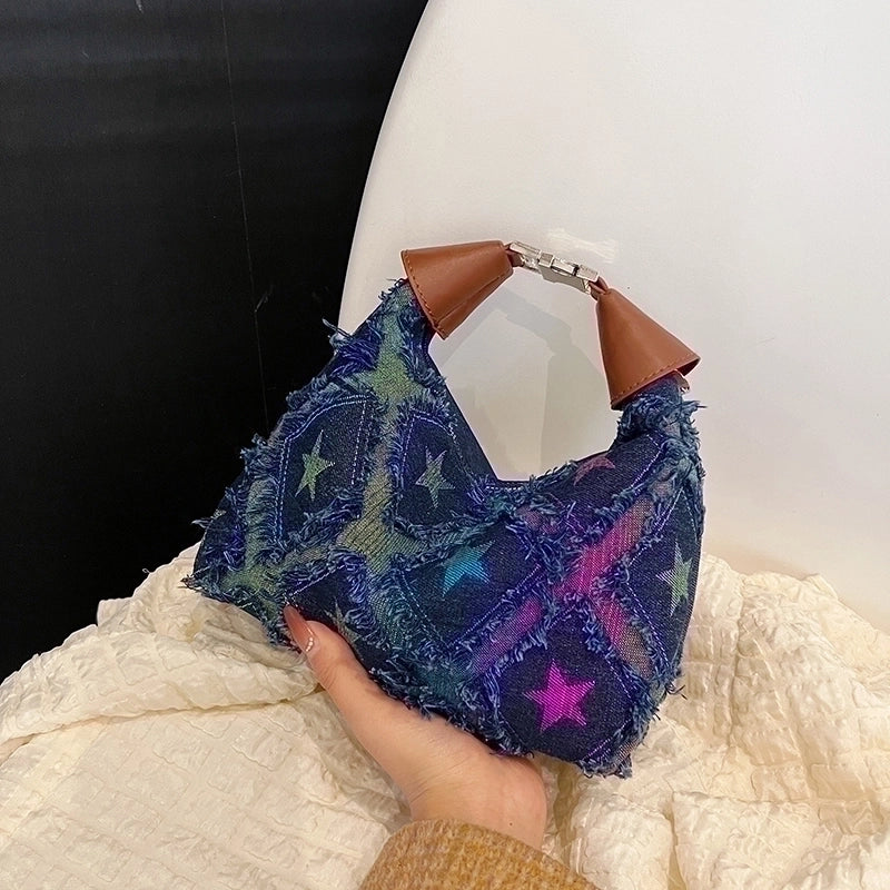 Women's Denim Star Vintage Style Dumpling Shape Zipper Shoulder Bag Handbag Crossbody Bag