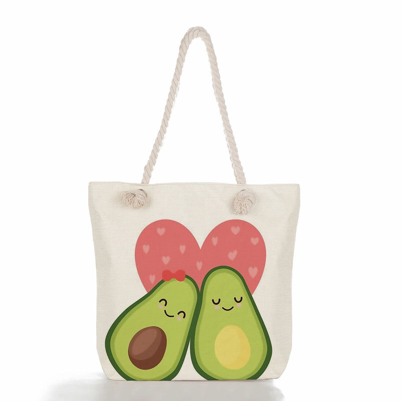 Women's Medium Linen Fruit Cute Classic Style Square Zipper Tote Bag Beach Bag
