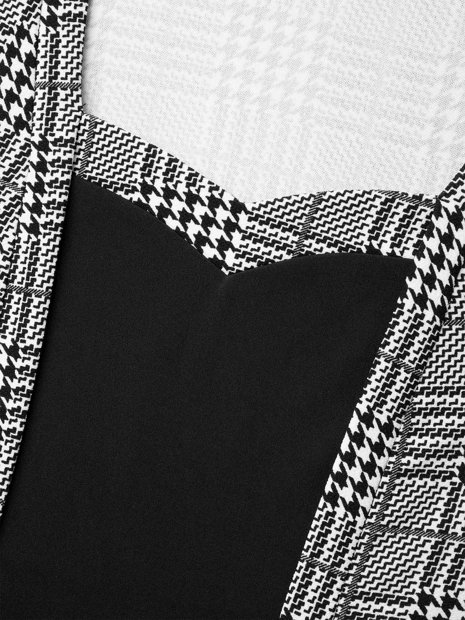 Houndstooth Print Waist-Cinched Patchwork Midi Dress