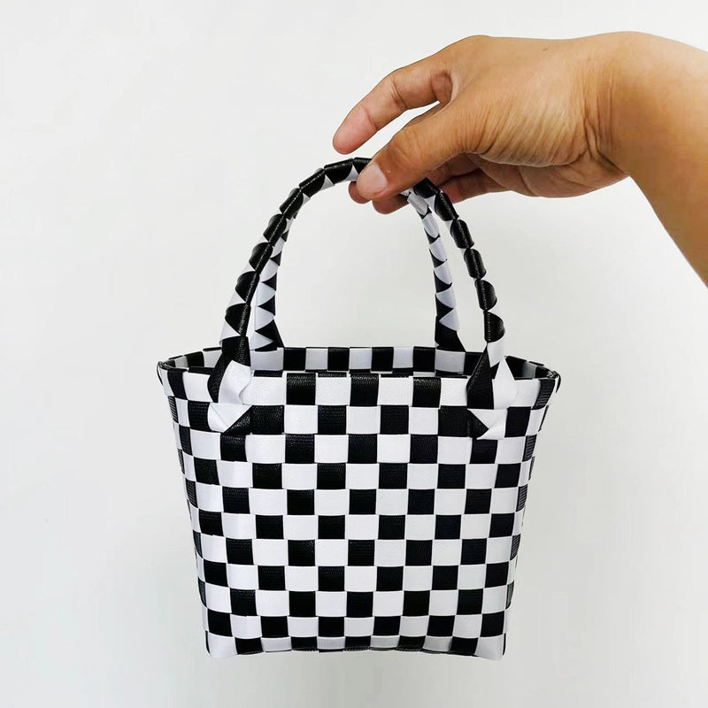 Women's PVC Color Block Plaid Vacation Weave Square Open Square Bag