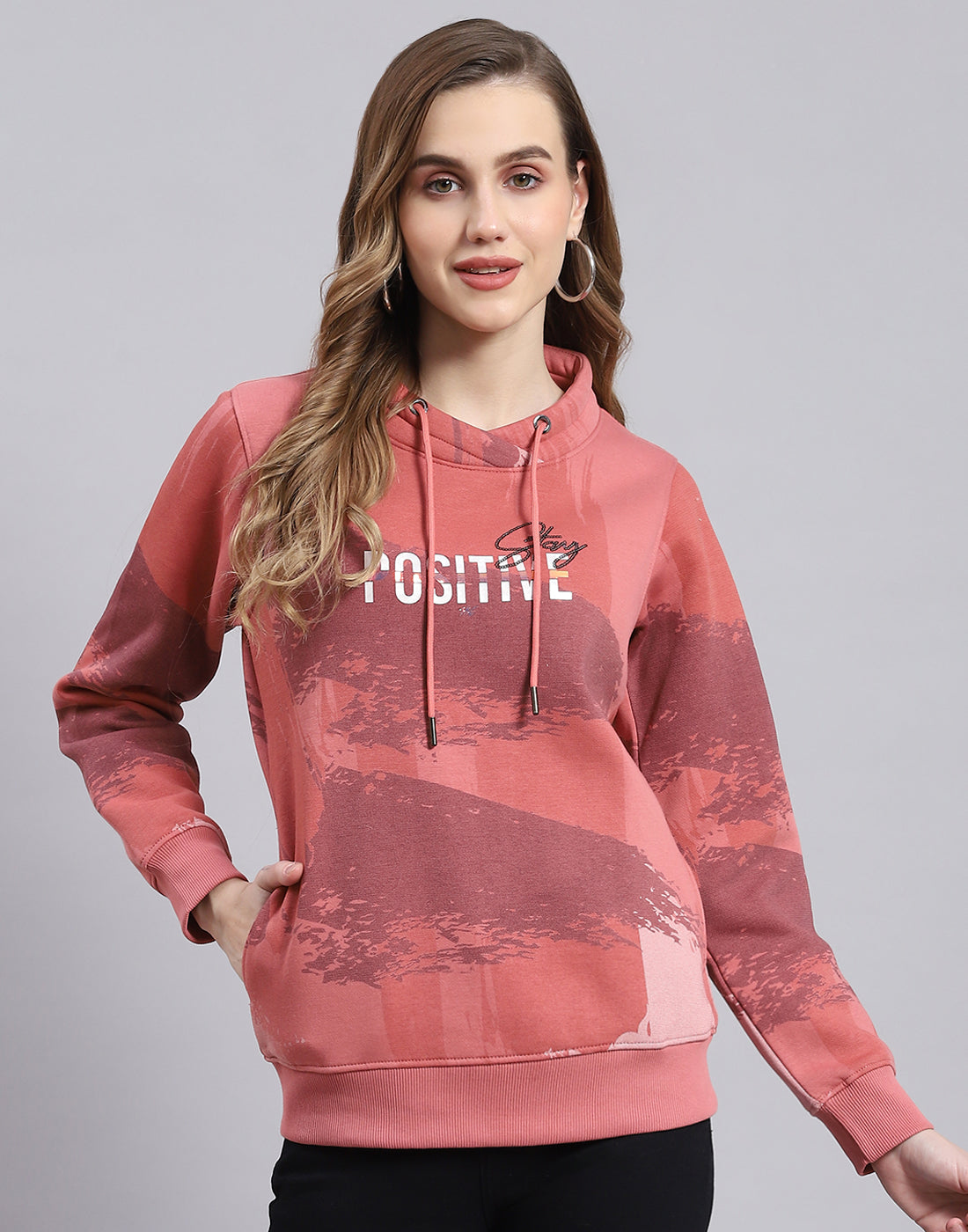 Women Peach Printed Round Neck Full Sleeve Sweatshirt