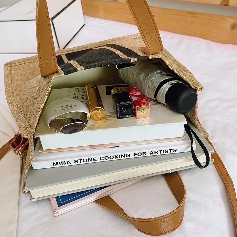 Women's Medium All Seasons Cotton And Linen Stripe Streetwear Square Magnetic Buckle Canvas Bag Handbag