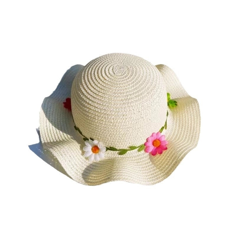 Girl'S Sweet Minimalist Flower Jacquard Straw Hat