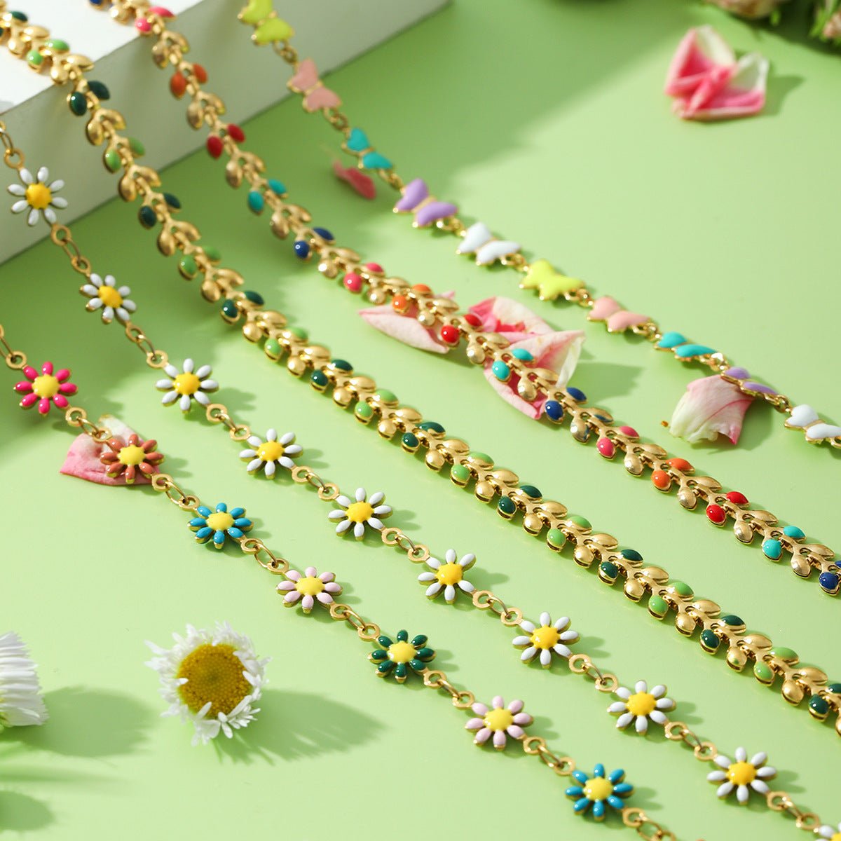 Stainless Steel Chain Small Daisy Olive Branch Butterfly Color Oil Drop Necklace Female Fashion All-Match Titanium Steel Bracelet