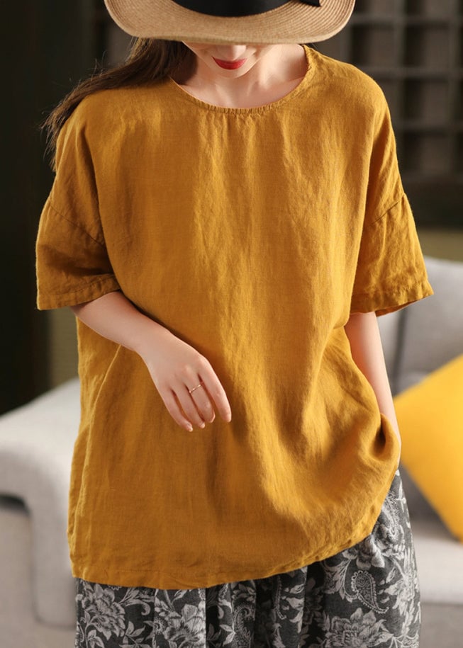Loose Rose O Neck Solid Linen T Shirts Summer