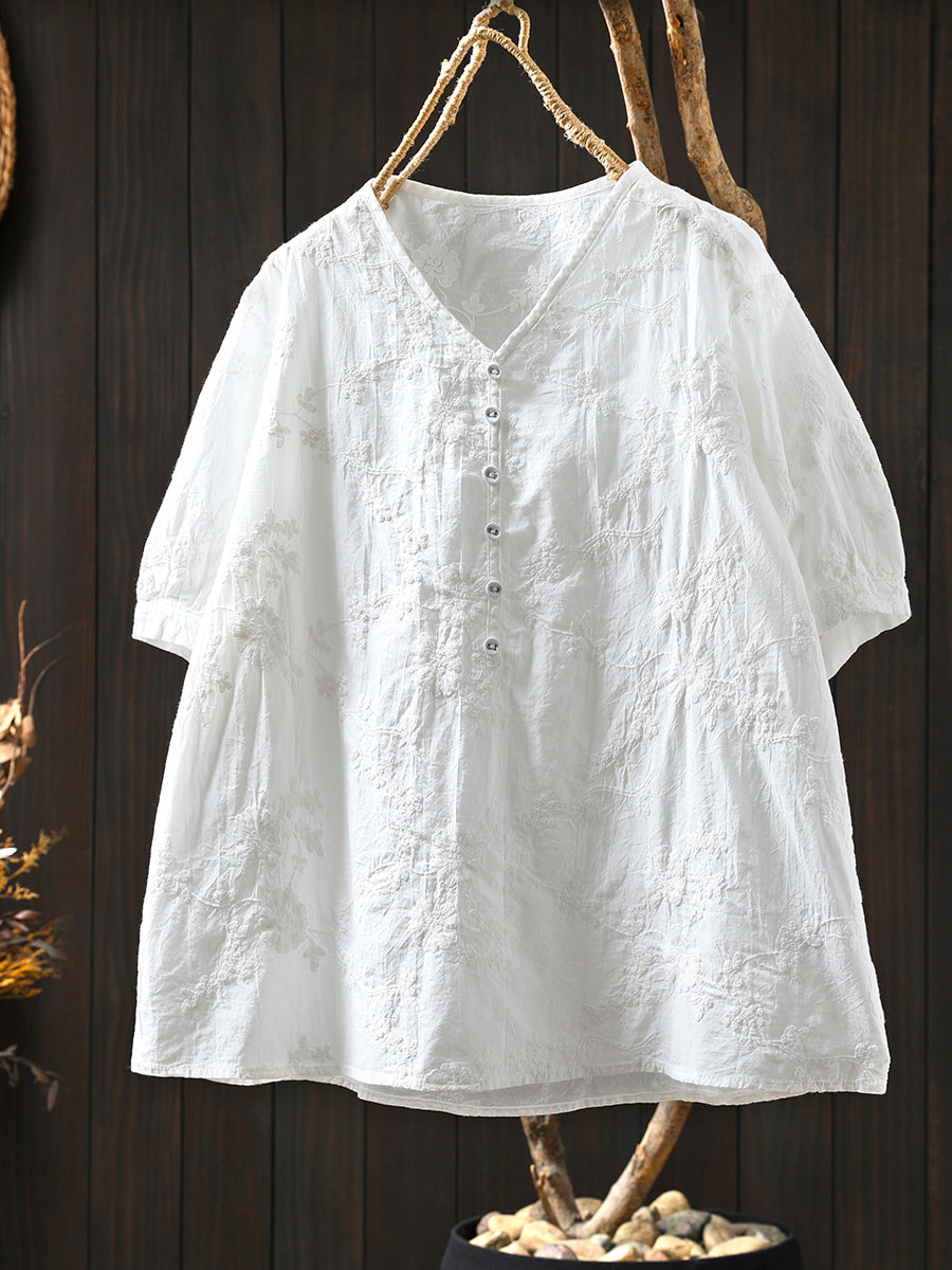 Plus Size Women Artsy Emboidery V-Neck 100%Cotton Shirt
