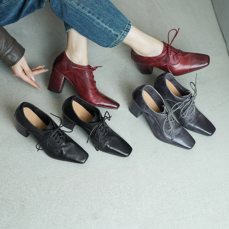 Elegant Washed Horse Leather Square Toe Lace-Up 65mm Block Heel Oxfords Grey/Black/Red
